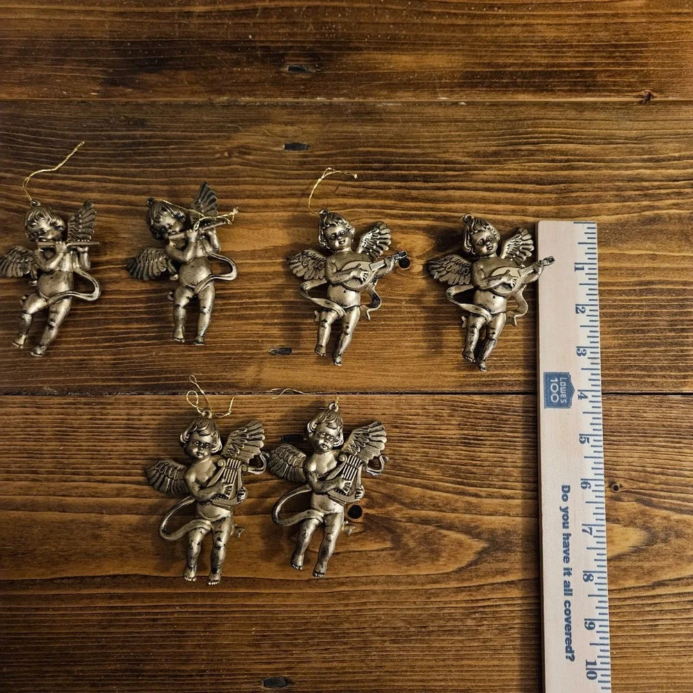 Vintage Cherub Angel Ornaments Set of 6 Gold Tone Musical Angels‎ Christmas